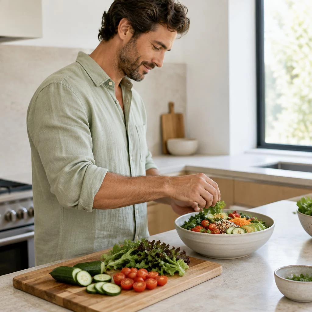 Un hombre preparando alimentos frescos en una cocina luminosa